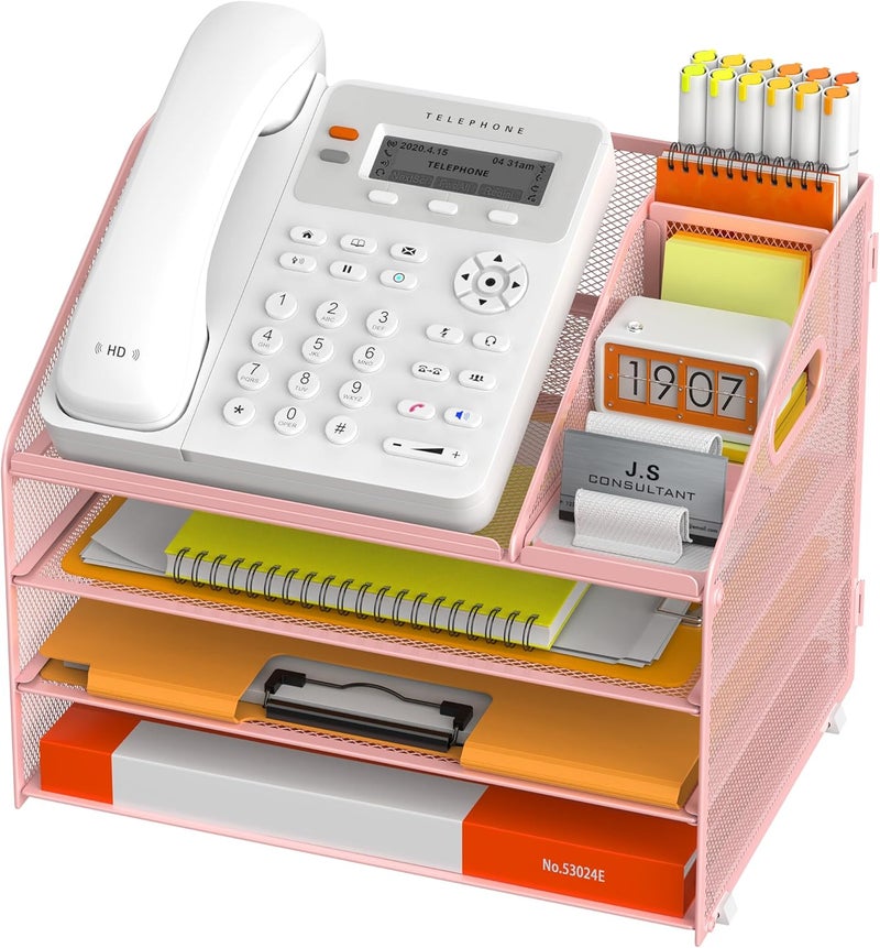 Docnest 4 Tier Metal Mesh Letter Tray - Space Saving Desk File Organizer with Handle, Pen Holder & Folder Holder - Desktop Document Sorter for Office, Home, School, Classroom - Pink - Image 1